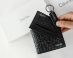 CK Black Monogram Leather Wallet-Keychain-Card Holder Set For Men