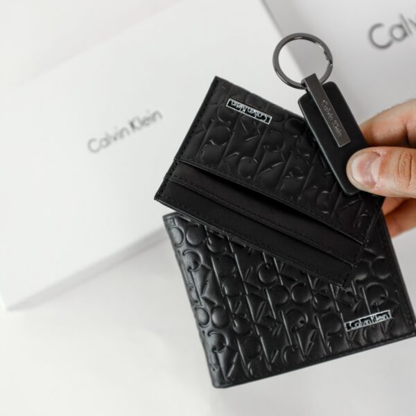CK Black Monogram Leather Wallet-Keychain-Card Holder Set For Men