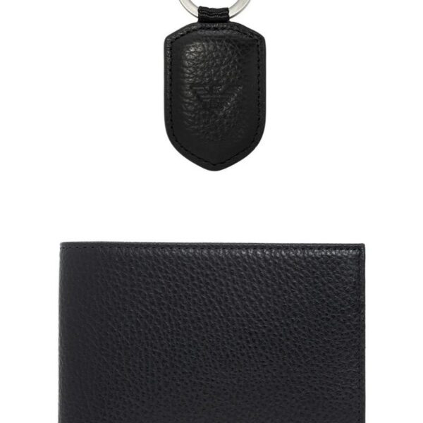 EA Black Leather Wallet & Keychain Set For Men