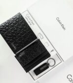 CK Black Monogram Leather Wallet-Keychain-Card Holder Set For Men - Image 6