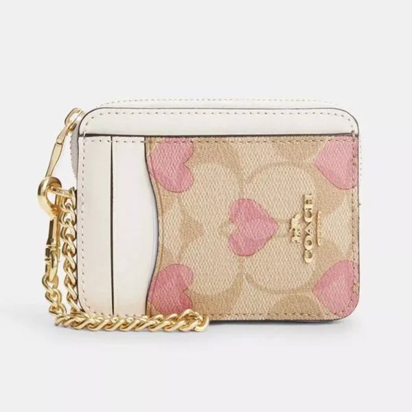 Coach Khaki Pink Heart Print Zip Card Case