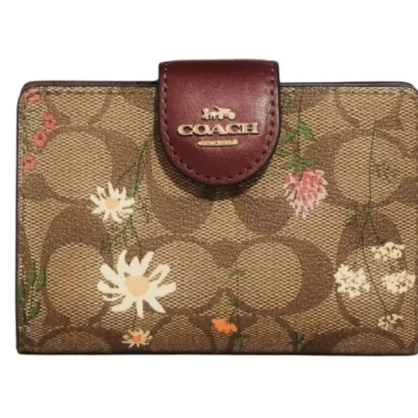 Coach Medium Corner Zip Wallet In Signature Canvas With Wildflower